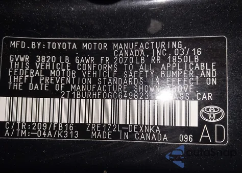 2016 Toyota Corolla Le из США, поврежденный, VIN 2T1BURHE0GC649623